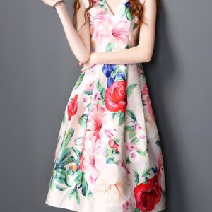 Multicolor V Neck Floral-print A-line Sleeveless Vintage Midi Dress