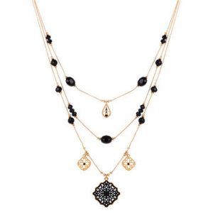 Multilayer Bead Necklace Hollow Square Pendant Necklace