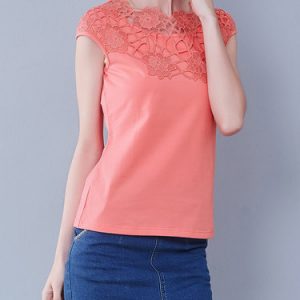 Orange Simple Paneled Plain Short Sleeved Top