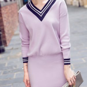Pink Casual Viscose V Neck Stripes H-line Mini Dress