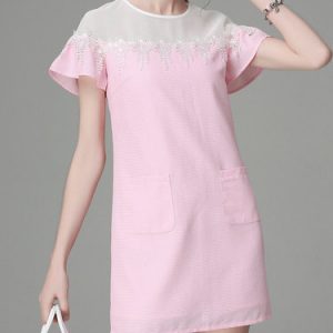 Pink Crew Neck Girly H-line Paneled Mini Dress