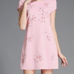 Pink Girly Crew Neck Beaded Mini Dress