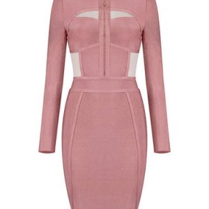 Pink Mesh Paneled Sexy Crew Neck Mini Dress