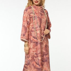 Pink Printed 3/4 Sleeve Wool Blend Ratine Midi Dress