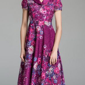 Purple Casual Floral-print Polyester Swing Midi Dress