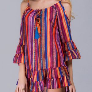 Purple Ruffled Stripes Girly Chiffon Mini Dress