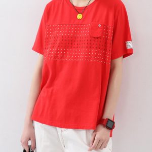 Red Casual Cotton Crew Neck Polka Dots T-Shirt