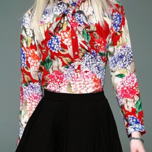 Red Casual Silk Bow Floral-print Blouse