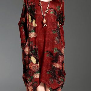 Red Floral Print Long Sleeve Midi Dress