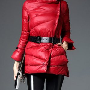 Red Polyester H-line Zipper Long Sleeve Down Coat