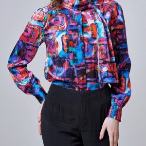 Red Printed Silk Statement Abstract Blouse