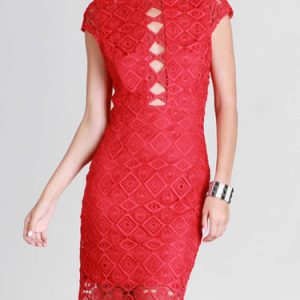 Red Short Sleeve Sheath Polyester Guipure Lace Mini Dress
