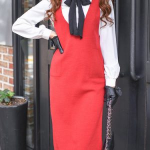Red Solid Elegant Bodycon Pockets Knitted Overall