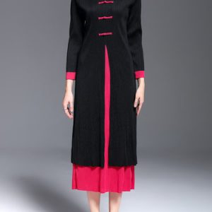 Rose Red Color-block Long Sleeve Vintage Stand Collar Midi Dress