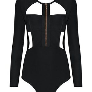 Sexy Solid Long Sleeve Cutout Crew Neck Bodysuit