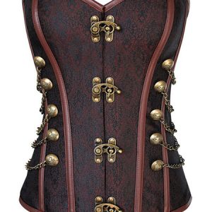 Steampunk Halloween Costume Corset Black Women Strapless Cincher Top Metallic Chains Jacquard Waist Trainer