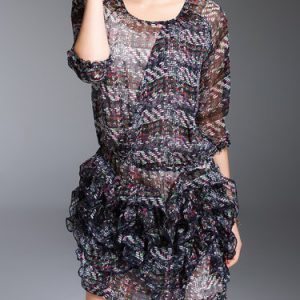 Two Piece 3/4 Sleeve Silk Printed Ruffled Mini Dress