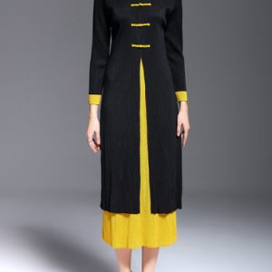 Vintage Stand Collar Color-block Long Sleeve A-line Midi Dress