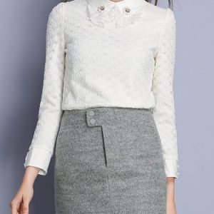White Long Sleeve Beaded Peter Pan Collar Solid Blouse