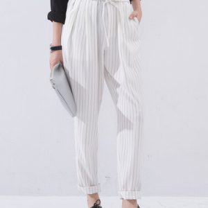 White Polyester Shirred Stripes Casual Straight Leg Pants