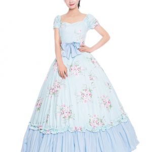 Women Retro Costumes Baby Blue Floral Print Bows Ruffle Matte Satin Victorian Style Vintage Clothing Halloween
