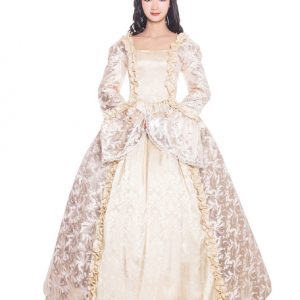 Beige Retro Costumes Ruffle Matte Satin Halloween Victorian Style Floral Print Dress Women Vintage Clothing