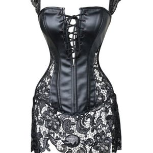 Black Steampunk Costume Lace Patch Lace Up Zipper Vintage Overbust Corset For Women Halloween