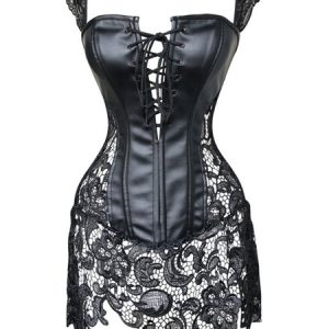 Black Steampunk Costume Lace Patch Lace Up Zipper Vintage Overbust Corset For Women Halloween