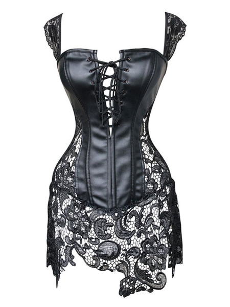 Black Steampunk Costume Lace Patch Lace Up Zipper Vintage Overbust Corset For Women Halloween