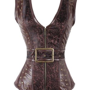 Brown Steampunk Corset Metallic Buckle Grommet Vintage Costume For Women