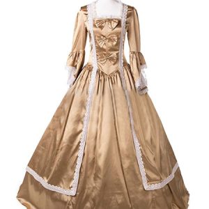 Gold Victorian Costume Halloween Lace Bows Ruffles Long Sleeve Satin Long Party Dresses Halloween