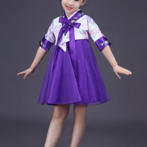 Halloween Korean Costume Girls' Satin Bowknot Short Sleeve Color Block Shift Traditional Hanbok Dress Costume