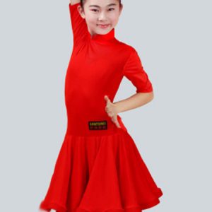 Latin Dance Costume Dresses Kids Half Sleeve Peachpuff Ballroom Dancing Dress For Girls