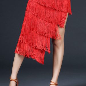 Latin Dance Costume Women Red Tiered Asymmetrical Tassels Skirt