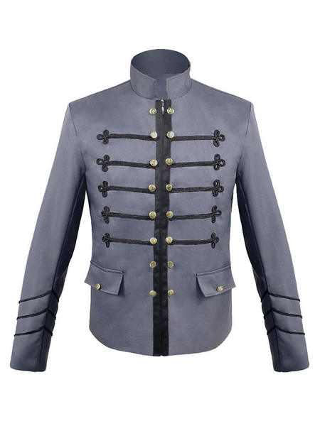 Men Vintage Jacket Button Decor Stand Collar Uniform Costume