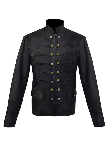 Men Vintage Jacket Button Decor Stand Collar Uniform Costume