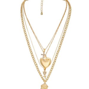 Rhinestone Crucifix Flower Heart Layered Pendant Necklace