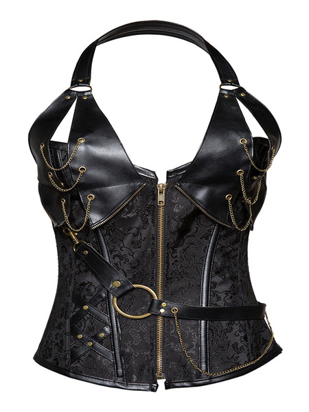 Tan Steampunk Costume Grommets Metallic Chain Jacquard Vintage Corset For Women Halloween